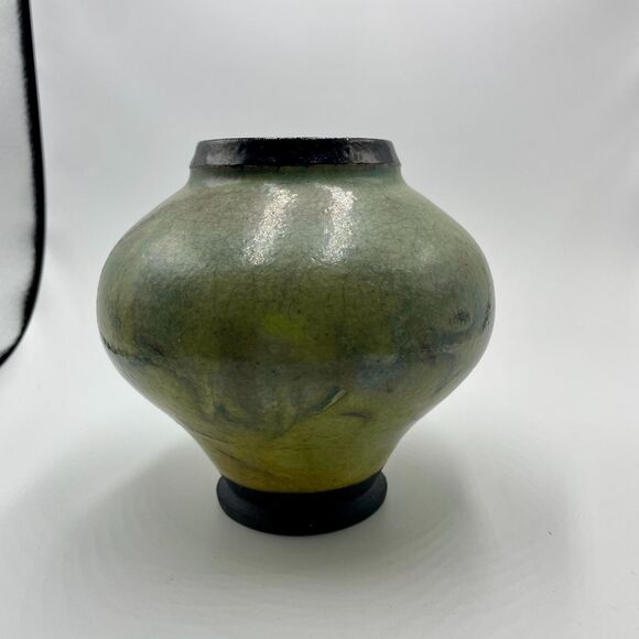 Studio Art Pottery Green Iridescent Glaze Raku Vase Planter Zion Canyon - Picture 4 of 9